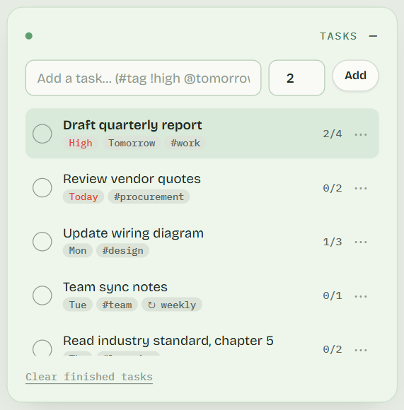 Task list with session estimates